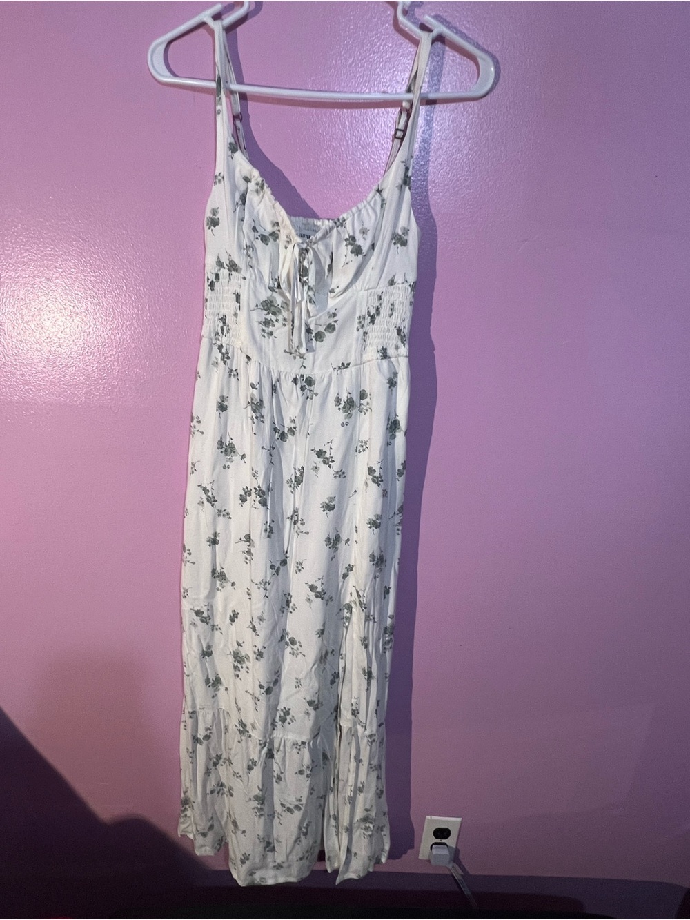 Hollister White Maxi Dress with Green Floral Print and Tie Front